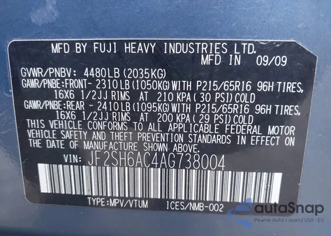 2010 Subaru Forester 2.5X из США, поврежденный, VIN JF2SH6AC4AG738004